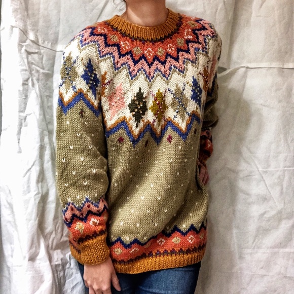 Kitty Hawk by Vivian Wang Sweaters - Vintage Fair-Isle Beaded 80's Wool Slouch Sweater